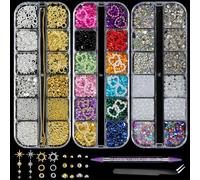3D Nail Charms Gold Silver, EARLMONI Metal Nails Stuff Flat Back Nail Gems Rhinestones Flatback Caviar Beads Pearls Studs Multi-Shape Crystal Jewels with Rhinestone Picker Tool - 3 Boxes