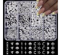 3D Nail Charms - Silver Nail Gems Set - Metal Nail Art Supplies Nail Stuff with Assorted Styles Moon Star Cross and Shell Charms - Luxurious Spakly Manicure Design Accessories for Women DIY Salon