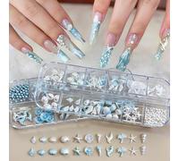 3D Nail Charms Summer Beach 2 Boxes Aurora White Blue Starfish Shell Beach Shell Coconut Palm Fish Tail Pearl Rhinestones Nails Charms Summer Sea Ocean Palm Tree Shell Nail Art Charms Nail Accessories