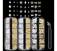 3D Nail Charms, VEGCOO 3 Boxes Gold Silver Nail Stuff Nail Gems Rhinestones Charms with Tweezers, Assorted Styles Bows Stars Pearls Nail Art Charms for Women Girls Nail Art DIY Accessories