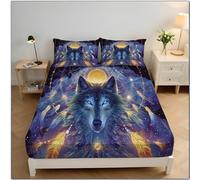3D Natural Celestial Elements Fitted Sheet With 2 Pillowcases Luminous Dream Catcher Wolf Bedding Set 30cm Deep 120×190 cm for Small Double Size Sheets Blue Soft Fade Resistant Bedroom Decor