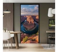 3D Natural Rock Door Stickers, 77 x 200 cm PVC Self Adhesive Decorative Decals for Bedrooms Living Room Office, U-Shaped River Bend Sunset Removable Peel and Stick Wallpaper Decal Murals, Tan