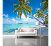 3D Nature Scenery Wall Mural Photo Wallpaper - Large Tropical Sea Landscape Wall Decor for Living Room Bedroom - Island Palm Non-Woven Fleece Mural 400 x 280 cm, Paradise Sea Art Wall Decoration