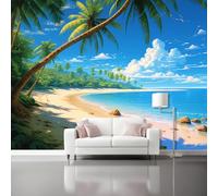 3D Nature Scenery Wall Mural Photo Wallpaper - Large Tropical Sea Landscape Wall Decor for Living Room Bedroom - Cove Palms Non-Woven Fleece Mural 350 x 256 cm, Beach Hills Art Wall Decoration