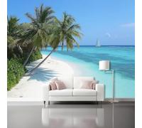 3D Nature Scenery Wall Mural Photo Wallpaper - Large Tropical Sea Landscape Wall Decor for Living Room Bedroom - Sailboat Palm Non-Woven Fleece Mural 350 x 256 cm, Sea Sand Art Wall Decoration