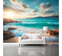 3D Nature Scenery Wall Mural Photo Wallpaper - Large Tropical Sea Landscape Wall Decor for Living Room Bedroom - Sunset Rocks Non-Woven Fleece Mural 200 x 140 cm, Wave Shore Art Wall Decoration
