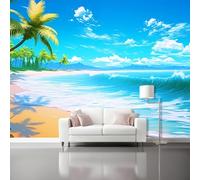 3D Nature Scenery Wall Mural Photo Wallpaper - Large Tropical Sea Landscape Wall Decor for Living Room Bedroom - Wave Palms Non-Woven Fleece Mural 250 x 175 cm, Clouds Tropics Art Wall Decoration