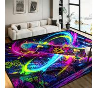 3D Neon Skateboard Area Rug 70x140cm Colourful Graffiti Street Art Splash | Washable Large Floor Mat Non-Slip Indoor Carpet for Modern Game Room Man Cave Bedroom Urban Skater