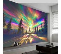 3D Non-Woven Wall Mural Photo Wallpaper Fantasy Aurora Pine Trees 200 x 140 cm Photo Wallpaper Mural, Premium Art Print Decor for Living Room Kids' Bedroom & Home Interiors, Color
