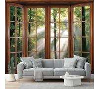 3D Nordic Style Wall Mural Wallpaper Non-Woven for Living Room, Bedroom, Children's Room - Large Photo Wallpaper for Tv Background,Dining Room Green Wooden Windows Forest Light 350 X 256 Cm