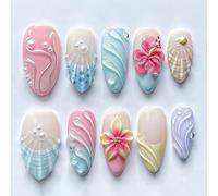 3D Ocean Blue Press On Nails Almond - Shell Flower Almond False Nails | Pastel blue nails with 3D shells, flowers, pearls and wave textures - Blue press on nails almond for holidays, parties