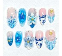 3D Ocean Press on Nails Medium Oval - 30 Pcs Blue Floral & Shell False Nails - Almond Summer Starfish French Tips Fake Nails with Glue - Full Cover Glossy Acrylic Stick on Nail for Women DIY Nail Art