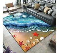 3D Ocean Seaside Scenery Carpets Living Room Bedroom Decor Rug Flannel Kids Play Mat Kitchen Corridor Dining Area Rugs,Sunset Blue Waves Beach Starfish Shell Conch Pattern (Color 3,100x150 cm)