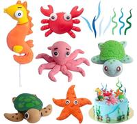 3D Ocean Theme Cake Decoration Sea Cake Toppers, 14 PCS Ocean Sea Animals Cake Decoration Under the Sea Marine Life Crabs Tropical Fish Turtles Beach Theme for Birthday Baby Shower Party Supplie
