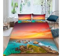 3D Ocean View King Size Duvet Cover Sets Seaside Sunset Bedding Sets King Size Soft Breathable Microfibre Quilt Cover 220 x 230 with Zipper Closure and 2 Pillowcases A-2196