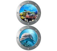 3D Ocean Wall Stickers 2pcs Porthole Self Adhesive Removable | PVC Creative Nautical Design, Easy to Apply, Home Living Room Use, Ocean Decor for Bedroom
