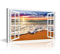 3D Open Wooden Window View Canvas Wall Art Tropical Beach Sunset Picture for Living Room Kitchen or Bedroom Modern Art wall Decor Seascape Ready to Hang(18X12in)