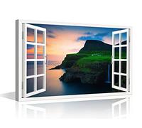3D Open Wooden Window View Faroe Islands Bay Sunset Wall Art Scenery Painting on Canvas Wall Decor for Living Room Framed Canvas Paintings Bedroom Wall Decor Ready to Hang 16x24inch