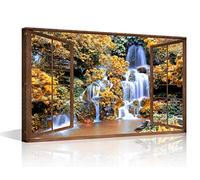 3D Open Wooden Window Wall Art Canvas Waterfall View Print Paintings Framed Home Decor Paintings to Hang on Walls for Living Room Bathroom Ready to Hang 12x18inch