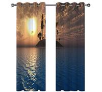 3D Orange And Blue Island Scenery Pattern Blackout Curtains Eyelet Window Treatments 280X260Cm Super Soft Thermal Insulated Ring Top Curtains For Nursery Home Decoration 2 Panels