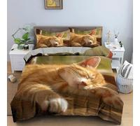 3D Orange Cat Single Duvet Cover Set Cute Pets Single Bedding Sets Warm Comfort Microfiber Quilt Cover 150x200 cm with 2 Pillowcases for Boys Girls Bedroom y.584