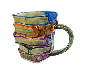 3D Painted Book Mug Glass, Funny Novelty Coffee Cup Reading, Creative 3D Books Stack Shaped Cup, Charming Colorful Literature Themed Designs Mug for Teachers Literary Lovers Friends Gift