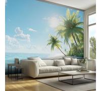 3D Palm Tree Wallpaper, Sea Beside Beach Wallpaper for Living Room, Bedroom, Non-Woven Decor Wall Paper, Photo Dining Room, Hallway, Lounge, Mural Large 3D Home Decor 350 x 256 cm XJ37
