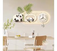 3D Panda Wall Art Decor Clock with LED Lights, Modern Cream Style Cute Wall Sculpture for Room, Silent Decorative Hanging Painting with Moving Pendulum for Living Room (Green a 130cm/51.1in)