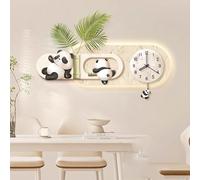 3D Panda Wall Art Decor Clock with LED Lights, Modern Cream Style Cute Wall Sculpture for Room, Silent Decorative Hanging Painting with Moving Pendulum for Living Room (Green B 100cm/39.3in)
