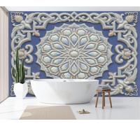 3D Panoramic Custom 3D Blue White Porcelain Mandala Relief Wallpaper Murals,Oriental Geometry Non-Woven Wall Murals,Blue Modern Living Room Kitchen Dining Room Bedroom Wallpaper 450X315Cm (W X H)