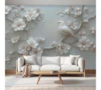 3D Panoramic Custom 3D Flowers Birds Branches Reliefs Wallpaper Murals, Oriental Landscape Non-Woven Wall Murals, White Gray Modern Living Room Kitchen Dining Room Bedroom Wallpaper 250X175Cm (W X H)