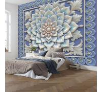 3D Panoramic Custom 3D Oriental Mandala Relief Wallpaper Murals, Peacock Feather Border Non-Woven Wall Murals, Blue White Modern Living Room Kitchen Dining Room Bedroom Wallpaper 400X280Cm (W X H)
