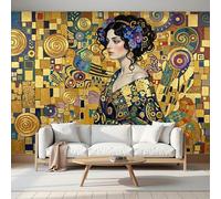 3D Panoramic Custom Art Nouveau Geometric Patchwork Wallpaper Murals, Luxury Beauty Portrait Non-Woven Wall Murals, Gold Modern Living Room Kitchen Dining Room Bedroom Wallpaper 200X140Cm (W X H)