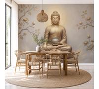 3D Panoramic Custom Beige Wallpaper Murals, Traditional Zen Sculpture Gilded Buddha Statue Lotus Throne Wall Murals, Modern Living Room Kitchen Dining Room Bedroom Wall Mural Wallpaper 350 × 256 cm