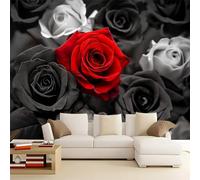 3D Panoramic Custom Black Red Wallpaper, Vintage Floral Rose Elegant Print Design, 300 x 210 cm (W x H) Premium Non-Woven Art Print Wallpaper for Living Room Bedroom Kitchen Home Decoration