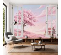 3D Panoramic Custom Blush Powder Wallpaper Murals, Pastoral Forest Cherry Blossoms Cabin Window View Wall Murals, Modern Living Room Kitchen Dining Room Bedroom Wall Mural Wallpaper 250 × 175 cm