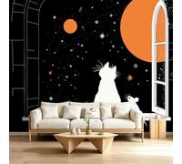 3D Panoramic Custom Bohemian Wallpaper Mural 200 x 140 cm, Starry Sky Orange Planet Animal Cat Poster Wall Mural Non-Woven Photo Wallpaper, Living Room Bedroom Kids Room TV Background Wall Decor