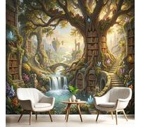 3D Panoramic Custom Brown Wallpaper Murals, Fantasy Fairy Tale Style Bookshelf Ancient Tree Waterfall silk Wall Murals, Modern Living Room Kitchen Dining Room Bedroom Wall Mural Wallpaper 250x175cm