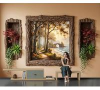 3D Panoramic Custom Brown Wallpaper Murals, Three-Dimensional Coastal Scenery Autumn Forest Trail By The Sea silk Wall Murals, Living Room Kitchen Dining Room Bedroom Wall Mural Wallpaper 450x315cm