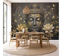 3D Panoramic Custom Coal Black Wallpaper Murals, Dark Gold Leaf Oil Painting Antique Buddha Head Statue Wall Murals, Modern Living Room Kitchen Dining Room Bedroom Wall Mural Wallpaper 350 × 256 cm