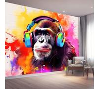 3D Panoramic Custom Colorful Wallpaper, Graffiti Abstract Monkey Headphones Print Design, 300 x 210 cm (W x H) Premium Non-Woven Art Print Wallpaper for Living Room - Home Bedroom Kitchen Decoration