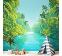 3D Panoramic Custom Colorful Wallpaper Murals, Anime, Cartoon, Landscape Non-Woven Wall Murals River, Palm Tree,Living Room Kitchen Dining Room Bedroom 315 x 215 cm