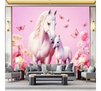 3D Panoramic Custom Colorful Wallpaper Murals, Cartoon Cute Horse Flowers Non-Woven Wall Murals, Modern Living Room Kitchen Dining Room Bedroom Wall Mural Wallpaper 300 x 210 cm (W x H)
