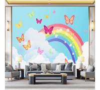 3D Panoramic Custom Colorful Wallpaper Murals, Cartoon Rainbow Clouds Butterfly Non-Woven Wall Murals, Modern Living Room Kitchen Dining Room Bedroom Wall Mural Wallpaper 250 x 175 cm (W x H)