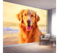 3D Panoramic Custom Colorful Wallpaper Murals, Close-Up Animals Golden Retriever Beach Non-Woven Wall Murals, Modern Living Room Kitchen Dining Room Bedroom Wall Mural Wallpaper 250 x 175 cm (W x H)