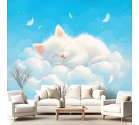 3D Panoramic Custom Colorful Wallpaper Murals, Healing, Cute, Animal Non-Woven Wall Murals Blue, cat, Clouds,Living Room Kitchen Dining Room Bedroom 400 x 280 cm