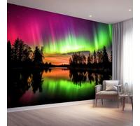 3D Panoramic Custom Colorful Wallpaper, Nature Forest Lake Aurora Print Design, 350 x 256 cm (W x H) Premium Non-Woven Art Print Wallpaper for Living Room - Home Bedroom Kitchen Decoration