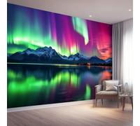 3D Panoramic Custom Colorful Wallpaper, Nature Mountains Lake Aurora Print Design, 250 x 175 cm (W x H) Premium Non-Woven Art Print Wallpaper for Living Room - Home Bedroom Kitchen Decoration