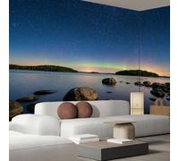 3D Panoramic Custom Dark Blue Wallpaper Murals, Natural Night Scene Photography Lakes Giant Rocks Stars silk Wall Murals, Modern Living Room Dining Room Bedroom Wall Mural Wallpaper 300x210cm (W x H)