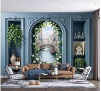 3D Panoramic Custom Gray-Blue Wallpaper Murals, Venice Water Features Jasmine Ivy At The Entrance silk Wall Murals, Modern Living Room Kitchen Dining Room Bedroom Wall Mural Wallpaper 250x175cm